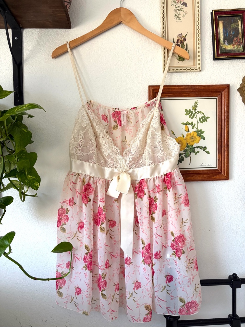 Floral Lace Satin-Trim Babydoll Dress - Pink & Cream - Large - Inner Secrets